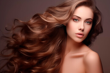A glamorous portrait of a woman with voluminous wavy hair and a soft expression against a neutral backdrop.