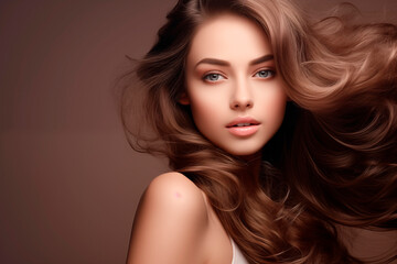 Fototapeta premium A glamorous portrait of a woman with voluminous wavy hair and a soft expression against a neutral backdrop.