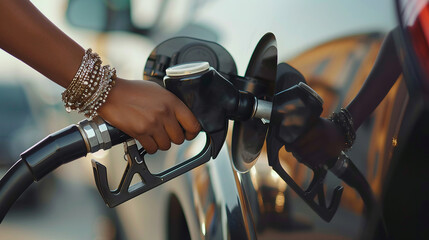 Hand Of A Black Woman Pumping Gas Into A Vehicle - obrazy, fototapety, plakaty
