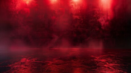 Abstract red fog enveloping a reflective floor - An abstract composition featuring red fog rolling over a reflective dark surface, creating a surreal scene - obrazy, fototapety, plakaty