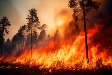 Wildfire raging through a forest, showcasing nature's fury. - obrazy, fototapety, plakaty