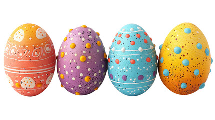 Set of modern festive decorative Easter eggs with colorful patterns of drops and lines in PNG format
