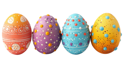 Set of modern festive decorative Easter eggs with colorful patterns of drops and lines in PNG format