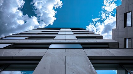 a residential building from a low angle to emphasize its height and grandeur. This perspective adds drama and scale, making the building appear impressive against the blue sky.