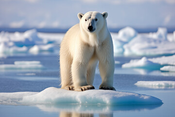 Polar bear standing on an ice floe in the Arctic, with a backdrop of sea and sky.