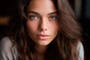 Fototapeta premium Portrait of a thoughtful woman, natural light creating bokeh.