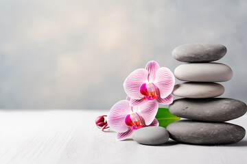 Fototapeta na wymiar Balanced spa stones with a pink orchid, embodying tranquility and harmony for wellness and meditation.