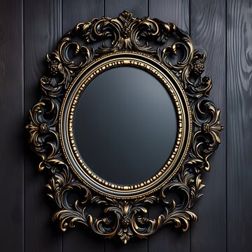 a gold and black frame on a wood wall