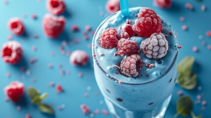 A refreshing blue smoothie adorned with vibrant raspberries and a dusting of powdered sugar