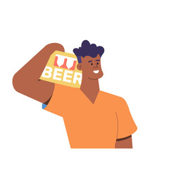 Handsome black man holding a box of beer. Bottles with alcoholic drinks in a case. The guy goes to a party. Vector illustration.