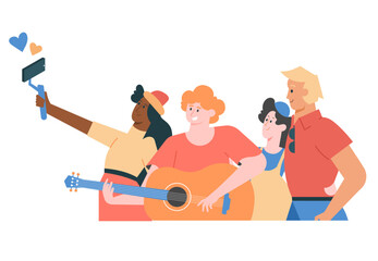 Group of friends takes a selfie. Guys and girls with a smartphone live online. Bloggers influencers. A guy with a guitar, a cute couple and a cheerful girl in a hat. Vector illustration