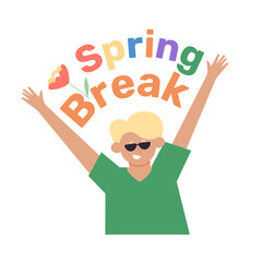 Tanned school-age boy enjoys his spring school holidays. Happy blond child in sunglasses. Vector illustration.
