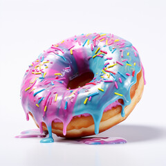 A vibrant donut with blue and pink icing, sprinkled with colorful toppings