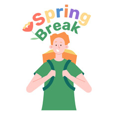 Teenage boy with a backpack enjoys the school holidays. Goes on a hike, active recreation. Spring break. Vector illustration with character.