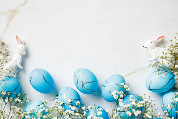 Blue and white Easter scene with a bunny, Easter eggs, spring flowers