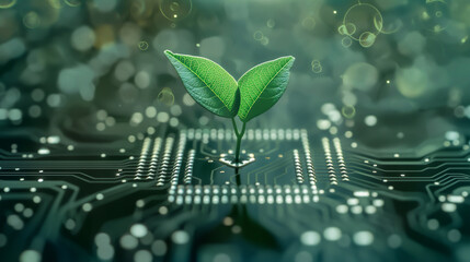 Digital illustration blending nature with technology, featuring a plant sprouting from a circuit board, symbolizing green tech innovation