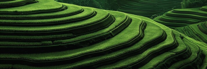 Fototapeta premium Close-up of vibrant green terraced fields - Close-up image of the patterns and vibrant colors of terraced agricultural fields