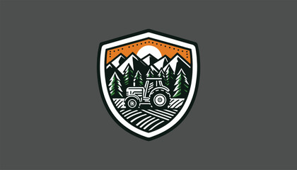 shield with sky, mountain, trees tractor, field, form logo design 