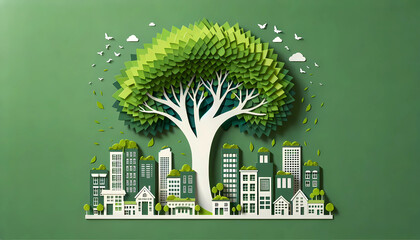 Paper cut art in green spaces and sustainable architecture contribute to healthier cities concept for Earth day
