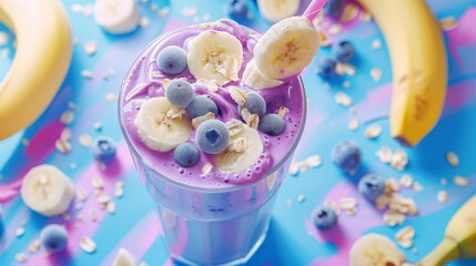 Refreshing smoothie with a vibrant array of bananas and blueberries as toppings