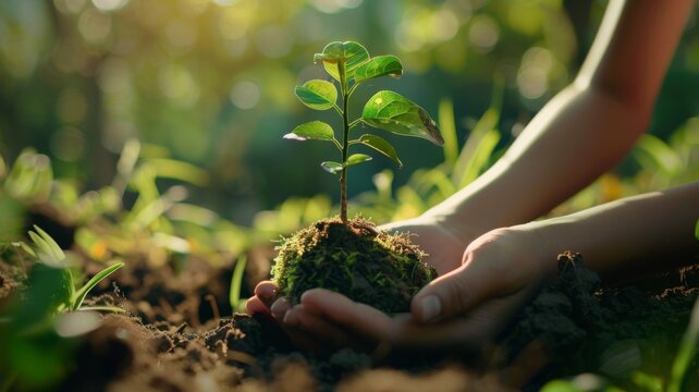 Hands nurturing a young plant in soil - Hands gently supporting a young green plant, symbolizing care, growth, and environmental sustainability