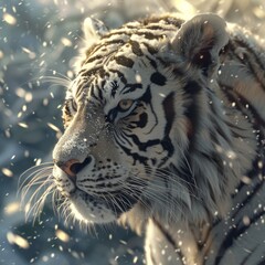 Majestic white tiger in a snowy landscape - A stunning white tiger with piercing blue eyes stands amidst a gentle snowfall, capturing the raw beauty of nature