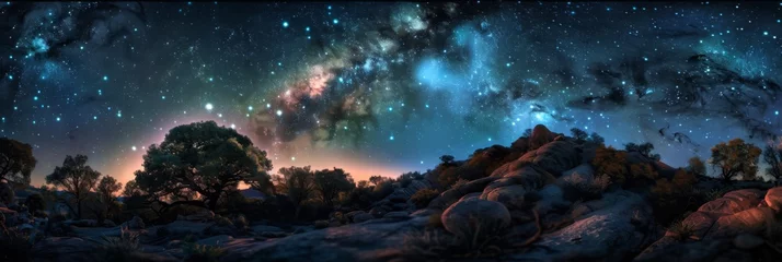 Poster Milky Way over natural rock formations - Captivating night sky panorama featuring the Milky Way with a backdrop of unique rock formations and trees © Tida