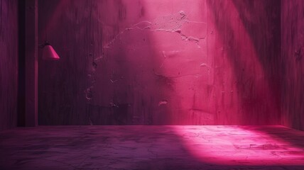 Mysterious pink room with a hanging lamp - A visually striking image highlighting the contrast of a single hanging lamp against a gritty pink backdrop in a dimly lit room