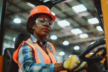 Forklift operator focusing on the task in a warehouse. African american woman. International Labor Day, Workers Day, May Day. Design for banner, poster. 