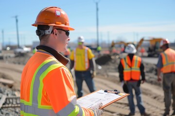 Site supervisor with clipboard at a railway construction site. International Labor Day, Workers Day, May Day. Design for banner, poster. 