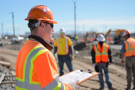 Site supervisor with clipboard at a railway construction site. International Labor Day, Workers Day, May Day. Design for banner, poster. 