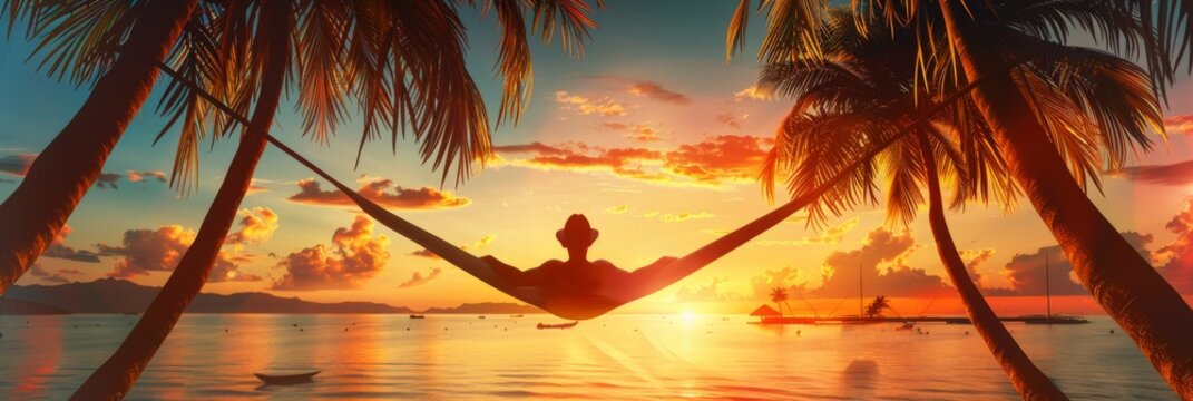 Silhouette of person relaxing on hammock at sunset - A tranquil beach scene capturing a person's silhouette on a hammock between palm trees against a sunset backdrop