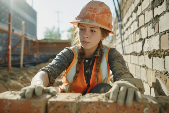 Worker building a brick wall on a residential construction site. International Labor Day, Workers Day, May Day. Design for banner, poster 