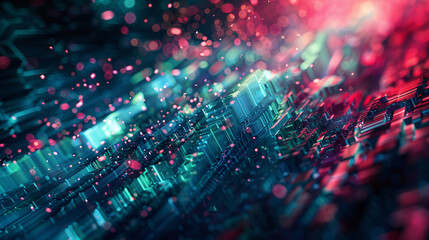 Vibrant, abstract image of digital circuits with glowing red and blue lights