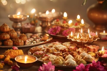 Traditional Diwali sweets and decorations spread - An array of colorful Diwali sweets and decorations displayed on a table, symbolizing the festival's spirit of sharing and joy