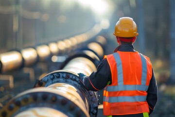 Engineer inspecting pipeline construction.  International Labor Day, Workers Day, May Day. Design for banner, poster. Industrial infrastructure concept