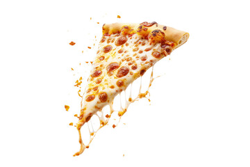 Template with delicious tasty slice of cheese pizza flying on white background