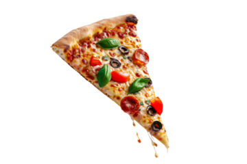 Template with delicious tasty slice of pizza flying on white background