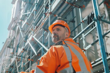 Construction supervisor inspecting scaffolding.  International Labor Day, Workers Day, May Day. Design for banner, poster. Urban development concept