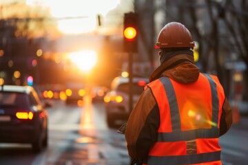 Traffic control worker during city sunset.  International Labor Day, Workers Day, May Day. Design for banner, poster. Urban infrastructure concept - obrazy, fototapety, plakaty