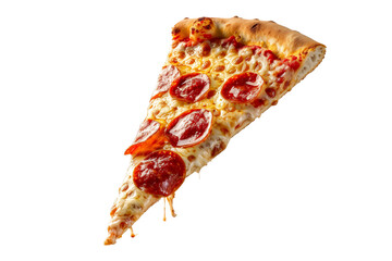Template with delicious tasty slice of pepperoni pizza flying on white background