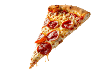 Template with delicious tasty slice of pepperoni pizza flying on white background