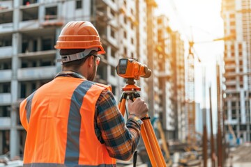 Surveyor using a theodolite at construction site.  International Labor Day, Workers Day, May Day. Design for banner, poster. Urban development concept