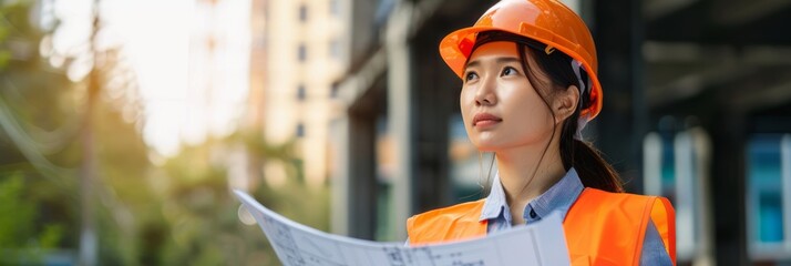 Female engineer reading construction plans with urban backdrop. International Labor Day, Workers Day, May Day. Design for banner, poster with copy space. Asian woman