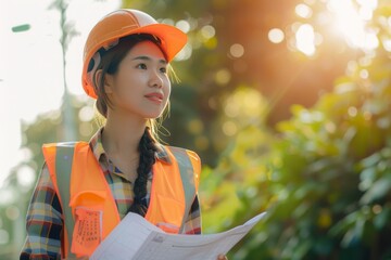 Female engineer with safety helmet holding plans outdoors. International Labor Day, Workers Day, May Day. Design for banner, poster with copy space. Asian woman