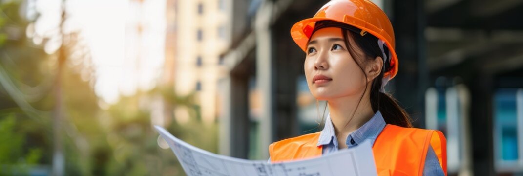 Female engineer reading construction plans with urban backdrop. International Labor Day, Workers Day, May Day. Design for banner, poster with copy space. Asian woman