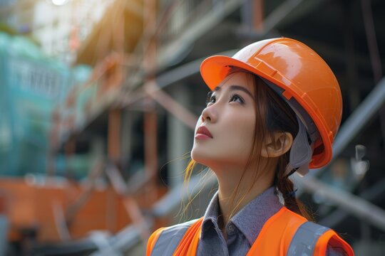 Female engineer looking upwards in construction site. International Labor Day, Workers Day, May Day. Design for banner, poster with copy space. Asian woman