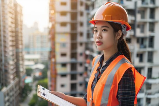 Female construction worker with helmet and clipboard on urban background. International Labor Day, Workers Day, May Day. Design for banner, poster with copy space. Asian woman