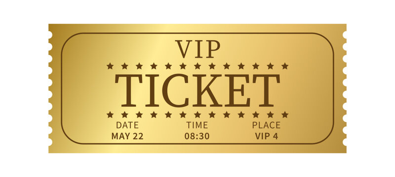 Golden VIP ticket or pass isolated on white background