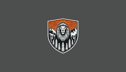 shield with lion head, mountain, trees, logo design 